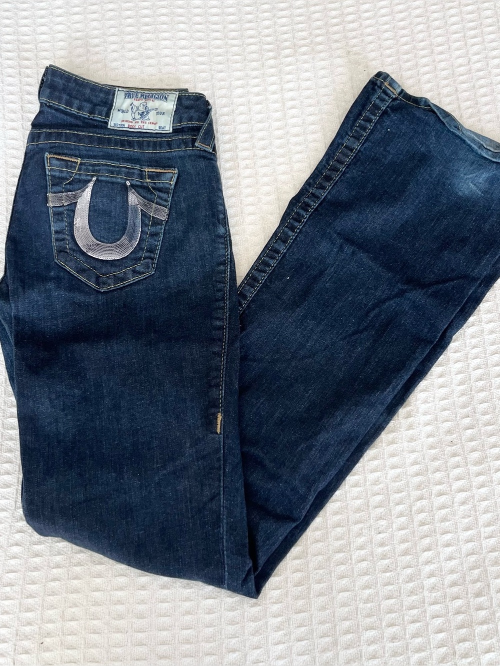True Religion Women's Dark Indigo Boot Cut Jeans silver sequin pocket size 27